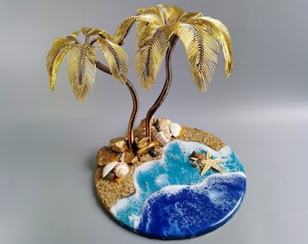 Handmade Gold Wire Palm Tree Bonsai, Shell Beach Decor (20cm/7.9in)