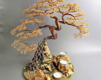 Buda dorado, árbol bonsái de alambre hecho a mano, 40 cm/ 15,7 pulgadas, decoración de meditación, árbol de altar japonés, feng shui, zen, arte de alambre de cobre, árbol de la vida