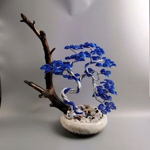 Silver and Blue wire bonsai, 44cm/17.3in, japanese altar tree, spiritual art, potted ornaments, zen decore, nautical decorations image 1