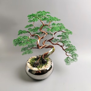 Può includere: Una scultura in filo metallico di un bonsai con foglie verdi e un tronco marrone. L'albero è in un vaso d'argento con muschio e pigne.