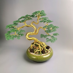 Wire Bonsai tree in gold and green, 33 cm/13" artificial plant, feng shui style, unique wedding gift, small ceramic bowl, handmade copper