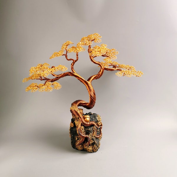 Chêne DORÉ, bonsaï fait main 33 cm/13", Art en fil d'aluminium, arbre en cuivre, art en laiton, cadeaux romantiques, idées cadeaux sincères pour anniversaire d'arbre de vie