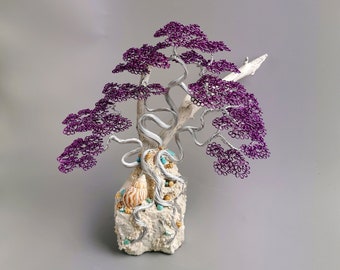 Árbol de alambre del océano púrpura, 25 cm/9,8", arte bonsái hecho a mano, mini escultura de alambre, árbol de metal de cobre, arte de latón, artesanía individual de aniversario de oro