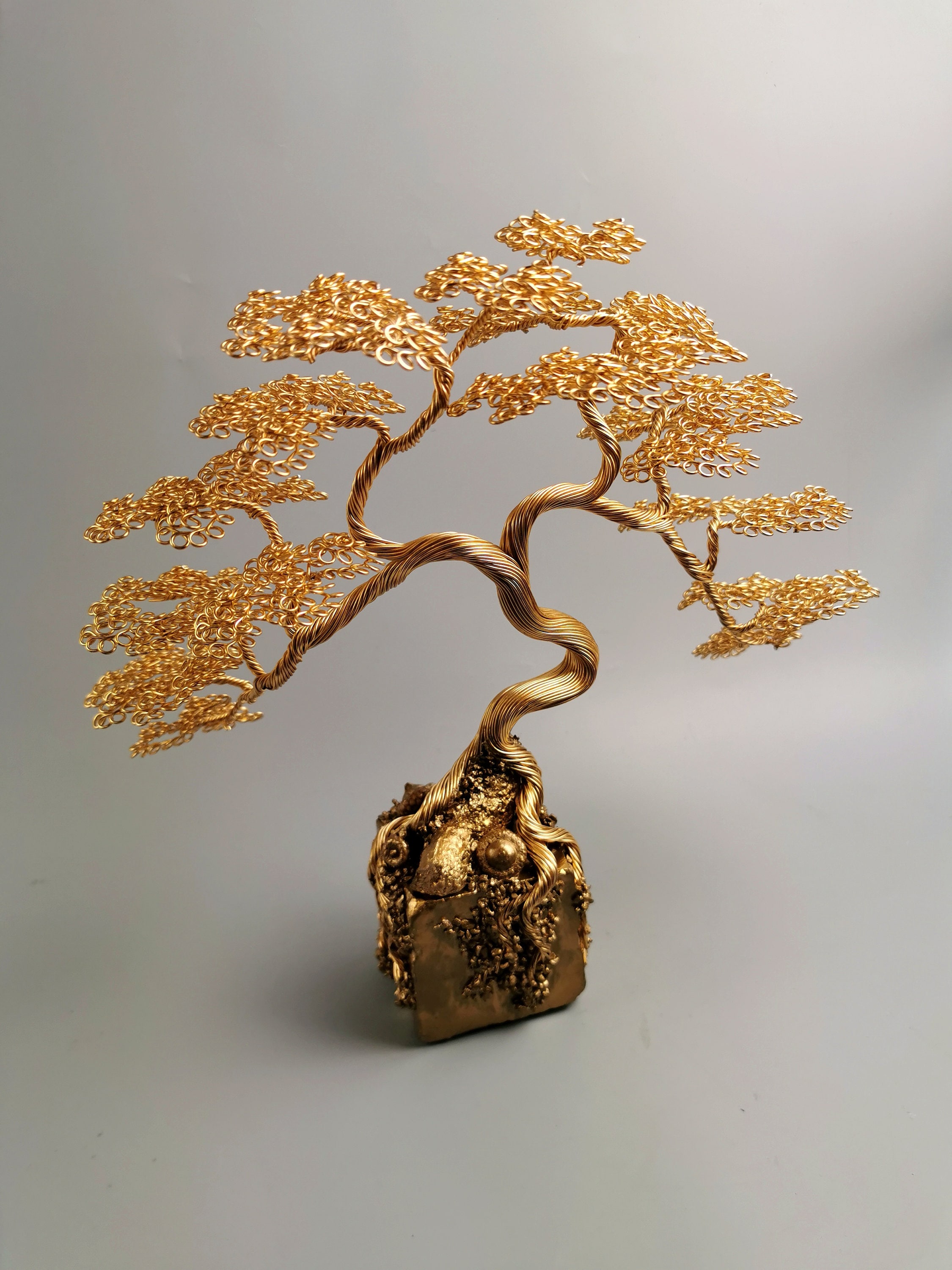 Gold Wire Bonsai Tree Sculpture, Japanese Zen Garden Decor