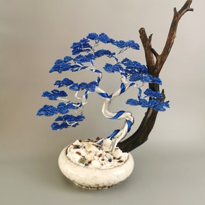 Silver and Blue wire bonsai, 44cm/17.3in, japanese altar tree, spiritual art, potted ornaments, zen decore, nautical decorations image 3