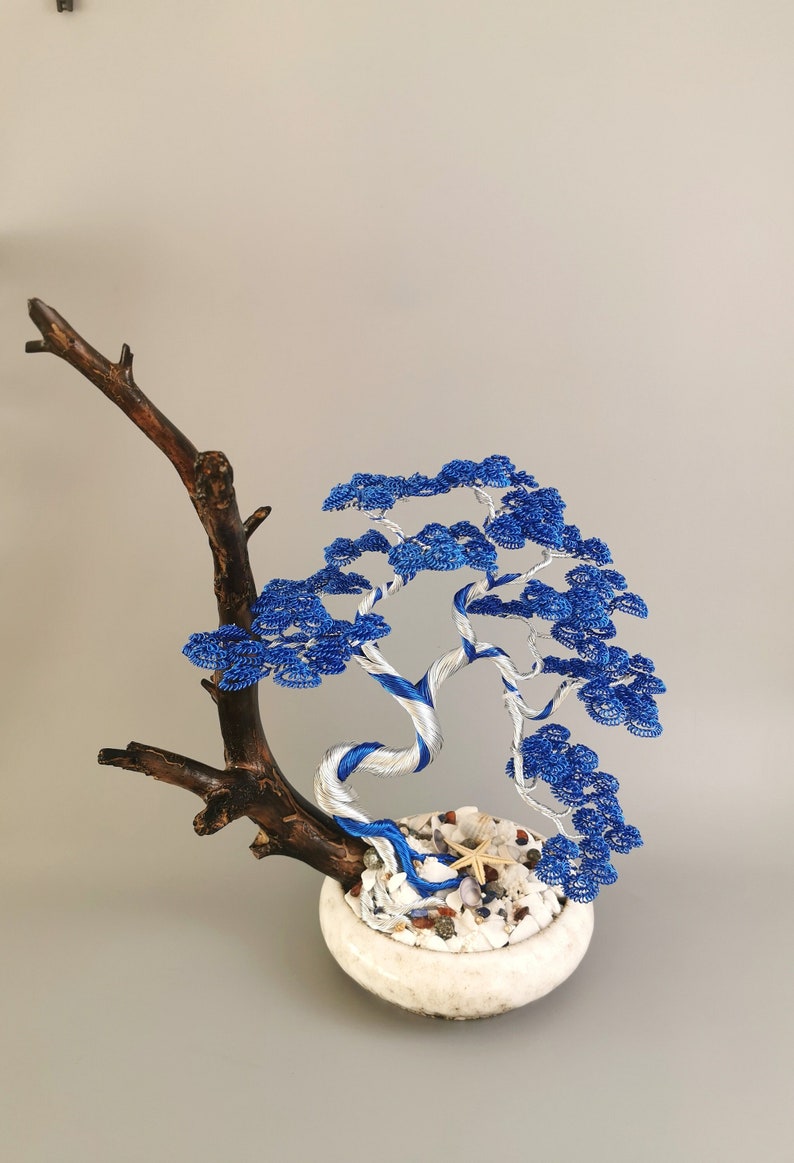 Silver and Blue wire bonsai, 44cm/17.3in, japanese altar tree, spiritual art, potted ornaments, zen decore, nautical decorations image 4