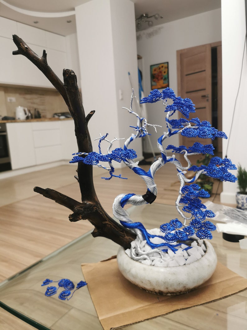 Silver and Blue wire bonsai, 44cm/17.3in, japanese altar tree, spiritual art, potted ornaments, zen decore, nautical decorations image 9