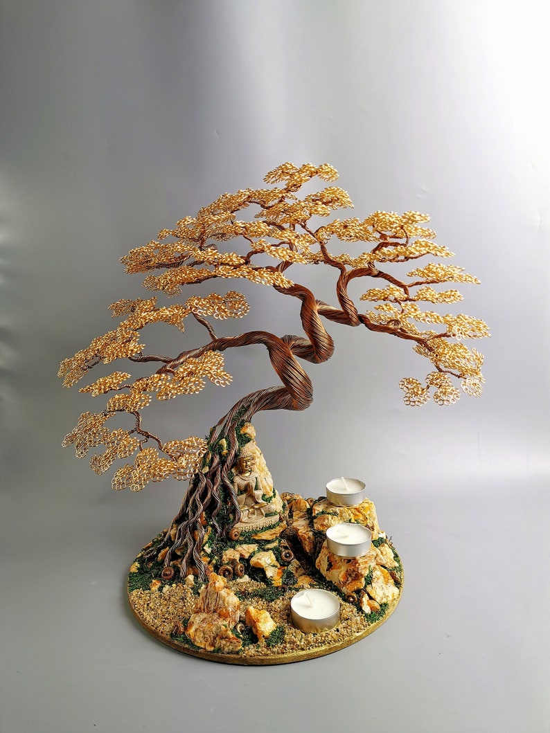 Wire Tree Tea Light Golden Buddha Wire Bonsai Tree, Handmade Japanese Altar Decor (40cm/15 ...
