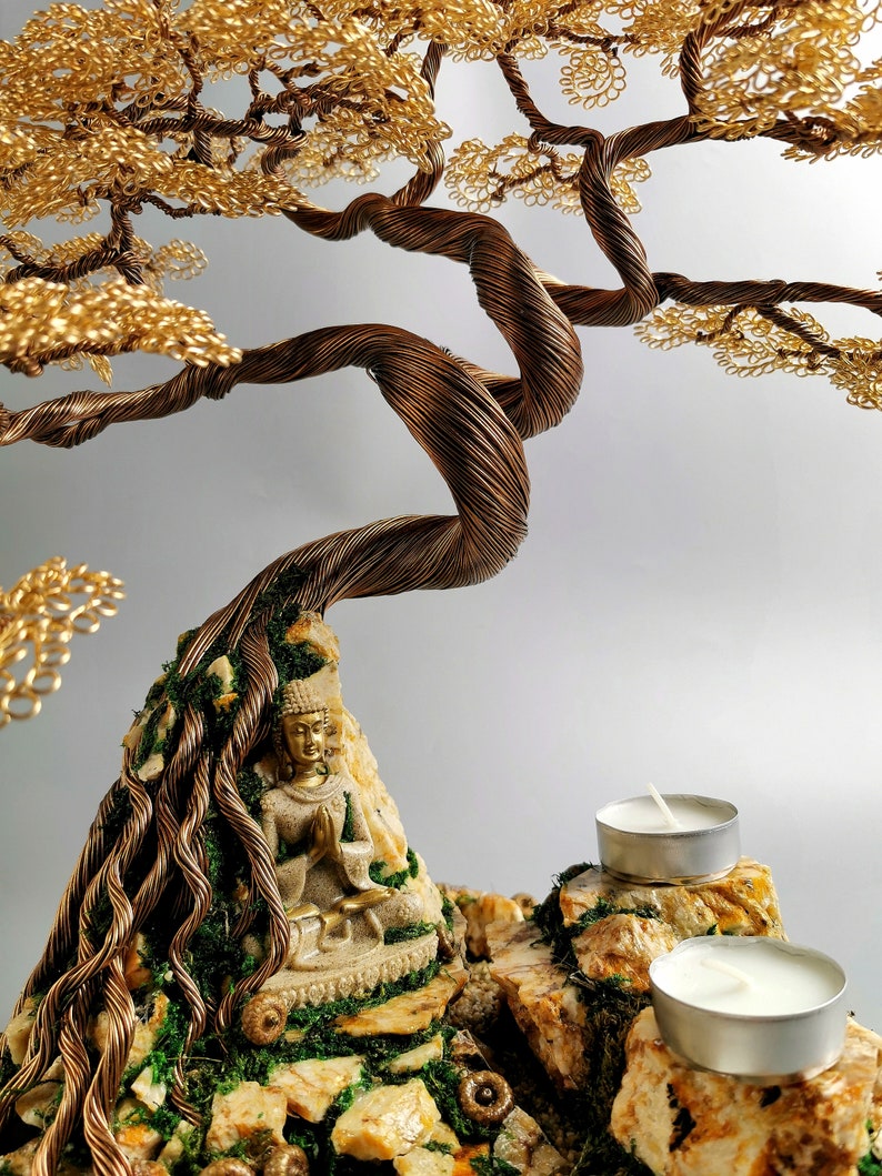 Wire Tree Tea Light Golden Buddha Wire Bonsai Tree, Handmade Japanese Altar Decor (40cm/15 ...