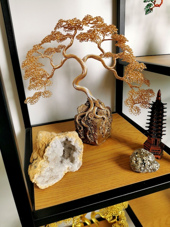 金色ワイヤー盆栽アート Gold Wire Bonsai Tree Sculpture, Japanese Zen Garden Decor