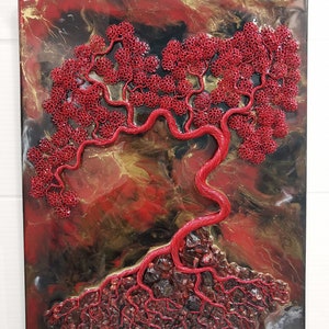 Picture for a gift, Red bonsai for the wall, 50x40, epoxy resin art, christmas gifts for mom