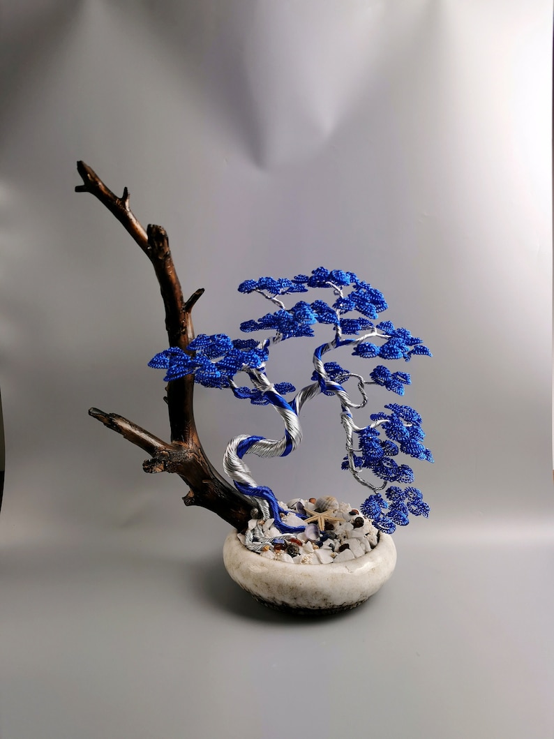 Silver and Blue wire bonsai, 44cm/17.3in, japanese altar tree, spiritual art, potted ornaments, zen decore, nautical decorations image 1