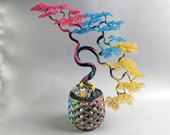 Rainbow Wire Bonsai Tree, 40cm/15.7in, ceramic pot, titanium aura quartz, handmade wire copper art, space poster tree decorations, brass