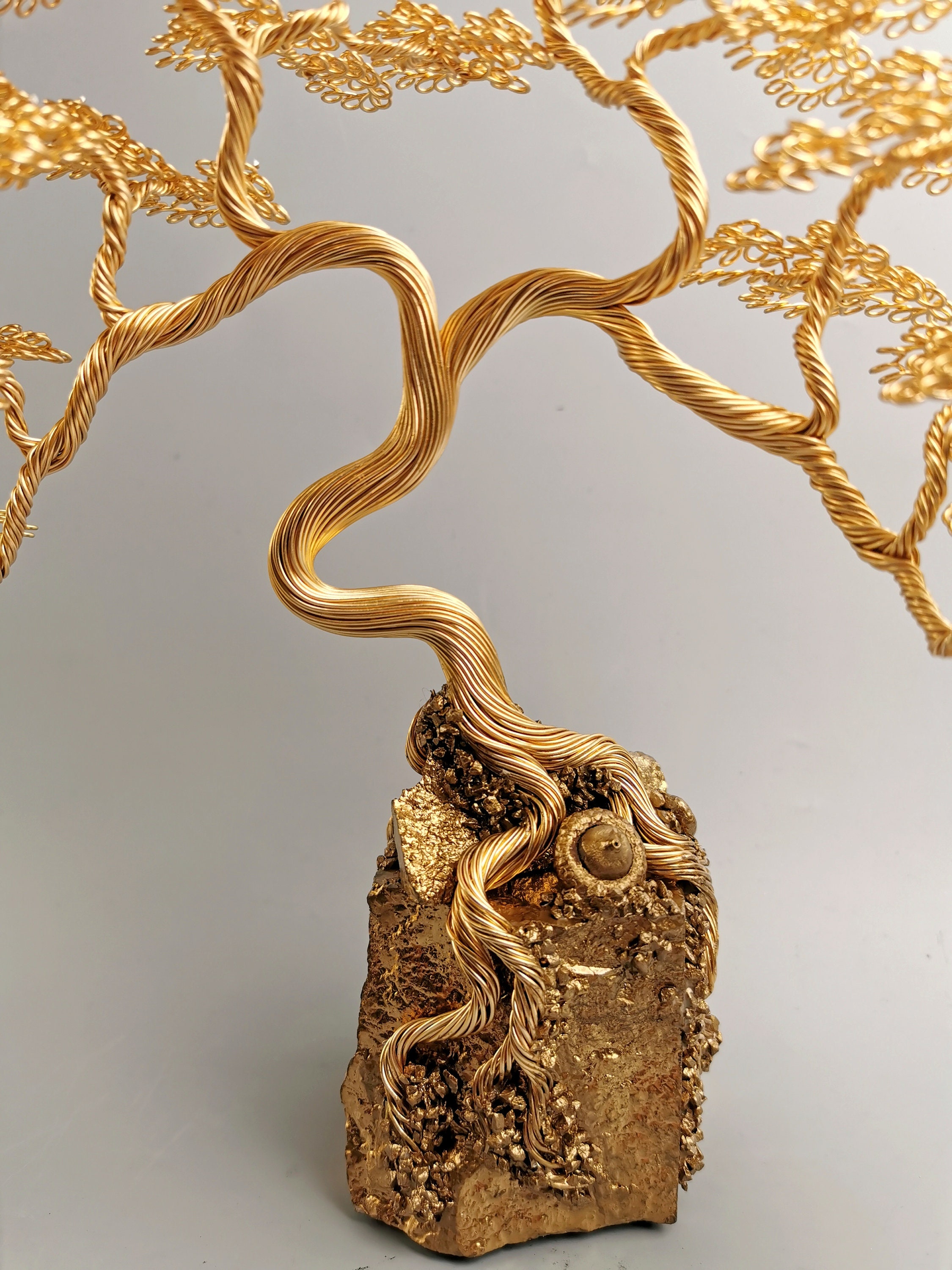 Gold Wire Bonsai Tree Sculpture, Japanese Zen Garden Decor