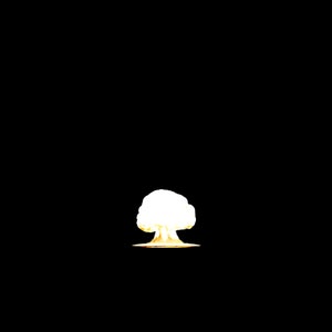 Puede incluir: Una nube en forma de hongo blanco con un brillo amarillo en la base, que representa una explosión nuclear.