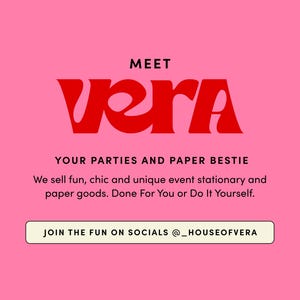 May include: Pink background with white stars and the text "MEET vera YOUR PARTIES AND PAPER BESTIE We sell fun, chic and unique event stationary and paper goods. Done For You or Do It Yourself. JOIN THE FUN ON SOCIALS @_HOUSEOFVERA"