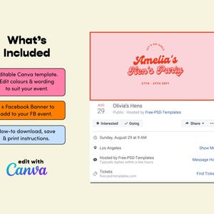 May include: A pink and red Facebook event invitation for Amelia's Hen's Party on August 29th. The invitation includes the text "Let's Go Girls" and "Amelia's Hen's Party" in a retro font. The event is hosted by Free-PSD-Templates and is taking place in Los Angeles.