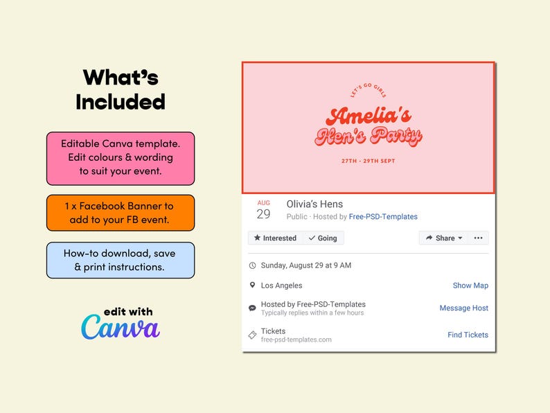 May include: A pink and red Facebook event invitation for Amelia's Hen's Party on August 29th. The invitation includes the text "Let's Go Girls" and "Amelia's Hen's Party" in a retro font. The event is hosted by Free-PSD-Templates and is taking place in Los Angeles.