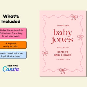 K&ouml;nnte beinhalten: Rosa Babyparty-Poster mit dem Text "baby jones" in fetter Schrift. Das Poster enth&auml;lt den Text "Willkommen bei Sophies Babyparty" und das Datum "12. April 2024". Das Design zeigt dekorative Schleifen und einen wellenf&ouml;rmigen Rahmen.
