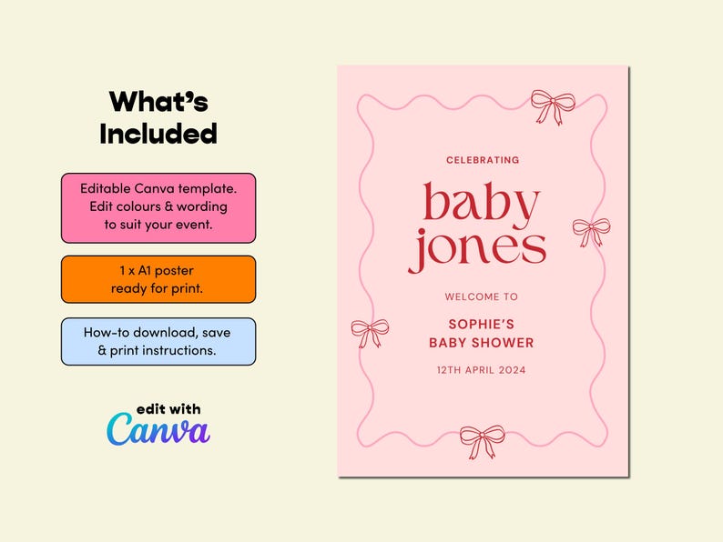 K&ouml;nnte beinhalten: Rosa Babyparty-Poster mit dem Text "baby jones" in fetter Schrift. Das Poster enth&auml;lt den Text "Willkommen bei Sophies Babyparty" und das Datum "12. April 2024". Das Design zeigt dekorative Schleifen und einen wellenf&ouml;rmigen Rahmen.