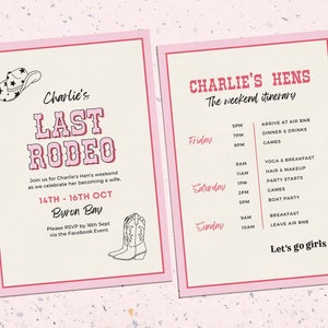 Hens Party Invitation & Itinerary, Bachelorette Invitation, Cowgirl Theme, DIY Digital Hens Invite, Last Rodeo Theme, Editable Canva