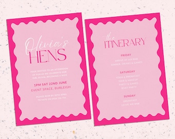 Hens Party Invitation & Itinerary, Bachelorette Stationary, Pink Wavy Hens Invite,  DIY Editable Canva Hens Invite