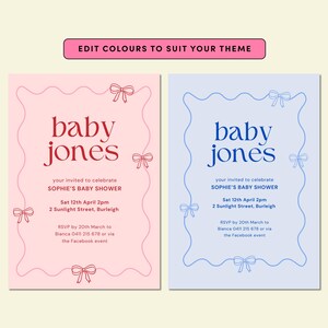 K&ouml;nnte beinhalten: Zwei Babyparty-Einladungen, eine rosa und eine blaue, mit dem Text "baby jones" in einer dekorativen Schriftart. Die Einladungen enthalten Details f&uuml;r Sophies Babyparty, mit Schleifenakzenten.