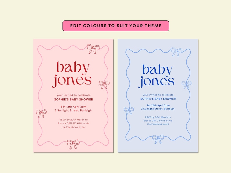 K&ouml;nnte beinhalten: Zwei Babyparty-Einladungen, eine rosa und eine blaue, mit dem Text "baby jones" in einer dekorativen Schriftart. Die Einladungen enthalten Details f&uuml;r Sophies Babyparty, mit Schleifenakzenten.