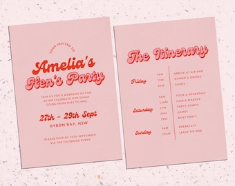 Hens Party Invitation & Itinerary, Bachelorette Invitation, Printable Hens Invite, DIY Digital Hens Invite, Red Pink Theme, Canva Template