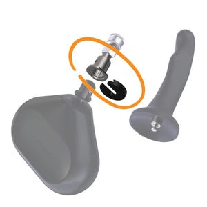 Könnte beinhalten: Ein graues, ergonomisch geformtes Produkt mit einer abnehmbaren Komponente und einem separaten, gebogenen grauen Teil. Die Komponenten werden in einer Explosionsansicht mit einem orangefarbenen Kreis dargestellt. Das Produkt scheint ein medizinisches Gerät zu sein.