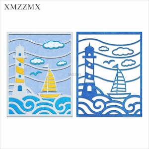 XMZZMX Vuurtoren Zeilboot Achtergrond Metalen Stansmessen voor Kaarten Maken Embossing Papier Die Cuts Sets Ambachten Sjablonen Stencils