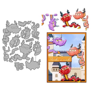 以下が含まれることがあります： ドラゴンのテーマのクラフト用品。ドラゴンの形をした金属製のダイカットシートと、ドラゴンのイラスト、城の背景、そして「Thanks so much」というテキストが特徴の完成したカードが含まれています。