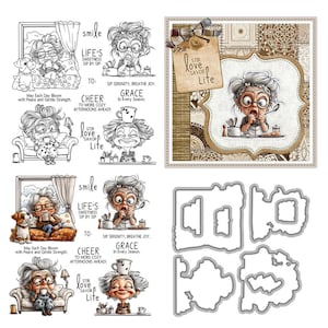 Könnte beinhalten: Eine Sammlung von Illustrationen, die eine ältere Frau in verschiedenen Szenen zeigen, darunter Tee trinken und kochen. Die Bilder sind in Schwarzweiß gehalten und enthalten Texte wie "Smile", "Life's Sweetness" und "Stir Love Savor Life".