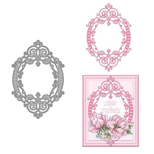 Puede incluir: Tres marcos ovalados decorativos. Uno es plateado y dos son rosas. Los marcos rosas tienen un diseño ornamentado. Un marco rosa está sobre una tarjeta rosa con flores y las palabras "Love Thanks".