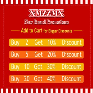 May include: A red and yellow graphic with the text "XMVAMX New Brand Promotions Add to Cart for Bigger Discounts" and a table showing discounts for buying multiple items. The table shows the following discounts: Buy 2 Get 10% Discount, Buy 5 Get 20% Discount, Buy 10 Get 30% Discount, Buy 20 Get 40% Discount.