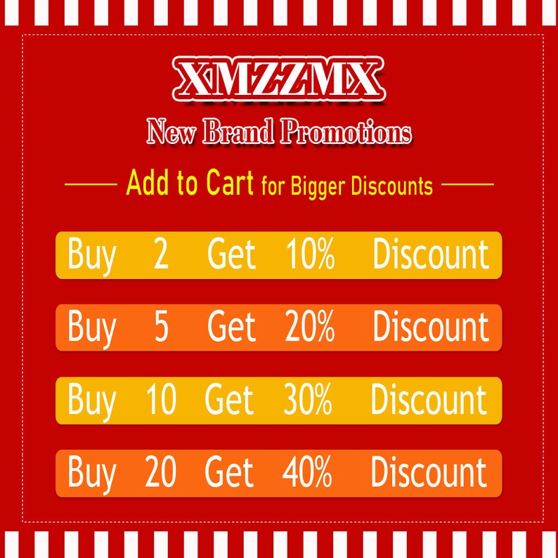 May include: A red and yellow graphic with the text "XMVAMX New Brand Promotions Add to Cart for Bigger Discounts" and a table showing discounts for buying multiple items. The table shows the following discounts: Buy 2 Get 10% Discount, Buy 5 Get 20% Discount, Buy 10 Get 30% Discount, Buy 20 Get 40% Discount.