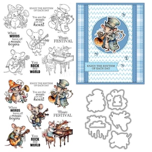 Mouse Music Clear Stamps and Die Cuts for Card Making Silicone Seals Metal Cutting Dies Sets for DIY Scrapbooking Paper Crafting Decorative