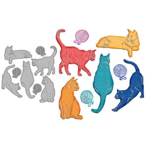 May include: A selection of cat-shaped die cuts in vibrant colours such as red, orange, blue, and teal. The image also includes grey cat outlines and yarn balls, ideal for crafting.