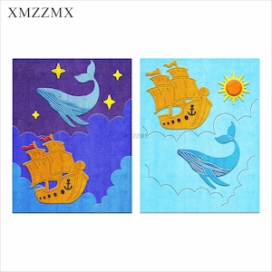 XMZZMX クジラ 星 船 太陽 金属カッティングダイ カード作成用 エンボス紙 ダイカットセット アルバムクラフト テンプレート ステンシル