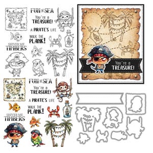 Pirate Treasure Map Clear Stamps and Die Cuts for Card Making Silicone Seals Metal Cutting Dies Sets for DIY Scrapbooking Paper Crafting
