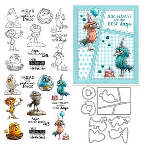 Birthday Bird Animal Clear Stamps and Die Cuts for Card Making Silicone Seals Metal Cutting Dies Sets for DIY Scrapbooking Paper Crafting