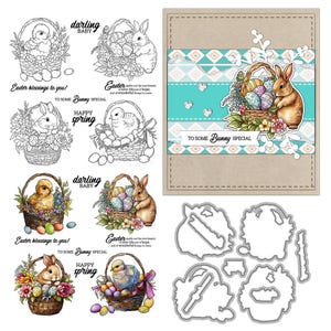 Timbri trasparenti e fustelle a forma di coniglio con uova di Pasqua per la creazione di biglietti, sigilli in silicone, set di fustelle in metallo per fai da te, scrapbooking e lavori con la carta