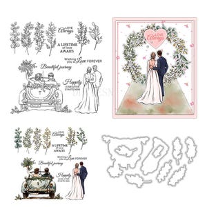 May include: A set of wedding-themed stamps and dies featuring botanical designs, a couple, and a vintage car. Text includes "Love Always," "A Lifetime of Love Awaits," "Wishing you a Love Forever," "Beautiful Journey," and "Happily Ever After Starts Now."