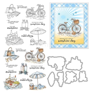 Summer Parasols Bicycle Clear Stamps and Die Cuts for Card Making Silicone Seals Metal Cutting Dies Sets for DIY Scrapbooking Paper Crafting
