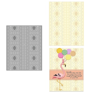 May include: A set of paper crafting die cuts and decorative paper. The die cut is gray and features a geometric pattern. The decorative paper is cream-colored with a similar pattern. A card features a flamingo holding balloons and the text "With only one life, you must live to be the protagonist of your life."