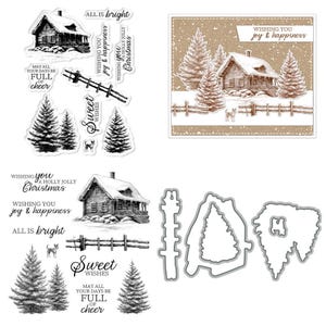 May include: A selection of Christmas-themed stamps and dies. The stamps depict a snow-covered cabin, fir trees, a fence, and phrases such as "Sweet Wishes" and "All is bright." The dies are shaped like the cabin, trees, and other elements.