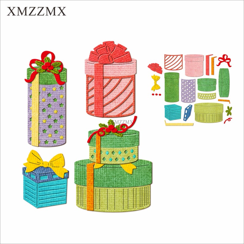 May include: A set of die-cut paper shapes for crafting. The shapes are of various sizes and colors, including red, green, blue, and yellow. The shapes are of gift boxes with bows and ribbons. The set includes a variety of shapes and sizes of gift boxes.