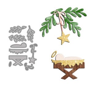 May include: A collection of Christmas-themed die cuts, including a star, a manger, and sprigs of greenery. The star and manger have glitter accents. The die cuts are in various shapes and sizes, perfect for crafting.