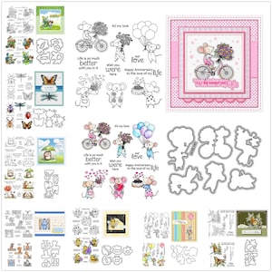 May include: A collection of craft supplies featuring whimsical illustrations of mice, butterflies, and other creatures. The designs include mice riding bicycles, holding balloons, and carrying flowers, with phrases like "Happy Anniversary" and "All my love."