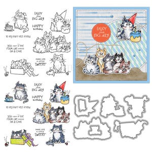 Birthday Cat Animal Clear Stamps and Die Cuts for Card Making Silicone Seals Metal Cutting Dies Sets for DIY Scrapbooking Paper